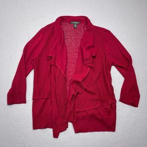 Lauren Ralph Lauren Cardigan Sweater‎ Large Red Linen Blend Waterfall Draped